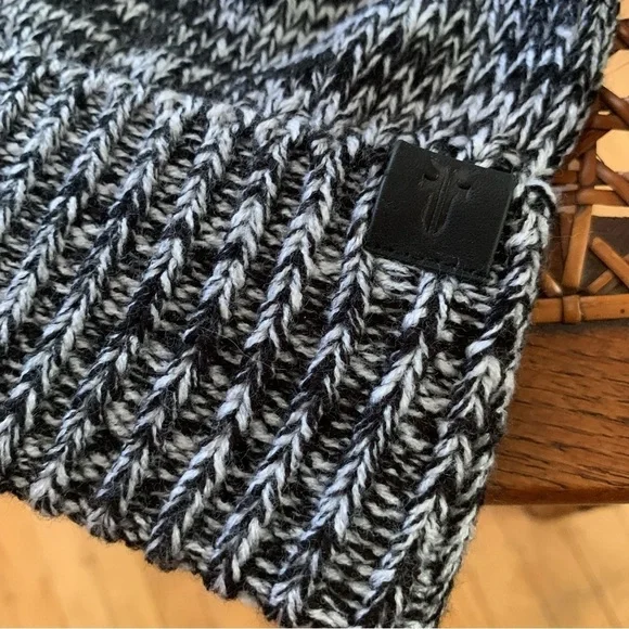 FRYE | NWT Black Charcoal White Marled Beanie with Pom Pom OS - Picture 2 of 15